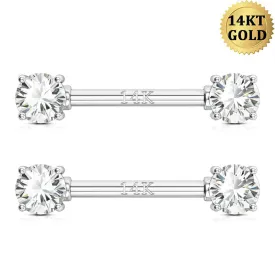 14K White Gold 14G Round CZ 2 Pcs Nipple Barbell Rings