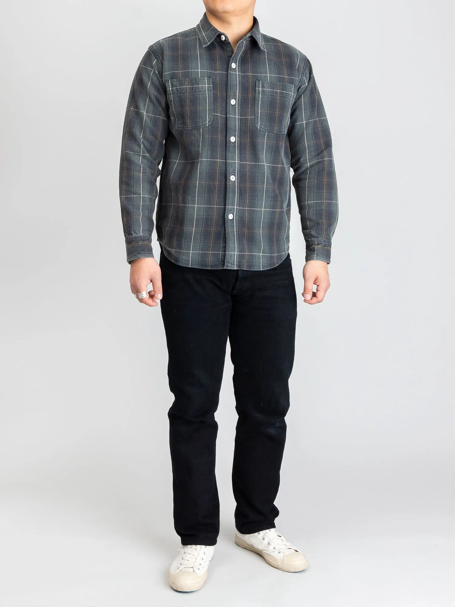 730WS Heavy Washed Flannel Shirt in Olive Check