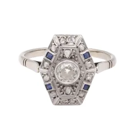 Art Deco Old European Cut Diamond Sapphire 18k White Gold Shield Ring