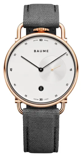 Baume & Mercier Baume Rose Gold PVD Silver Dial Gray Cotton Strap Date Quartz Mens Watch M0A10600