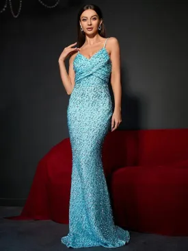 Elegant Spaghetti Strap Sleeveless Sequin Formal Dress