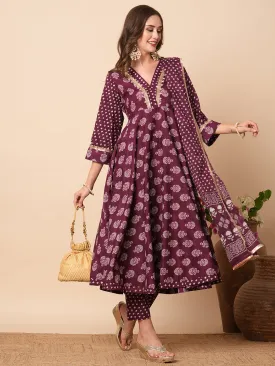 Ethnic Floral Block Printed & Embroidered A-Line Kurta with Pant & Dupatta - Burgundy