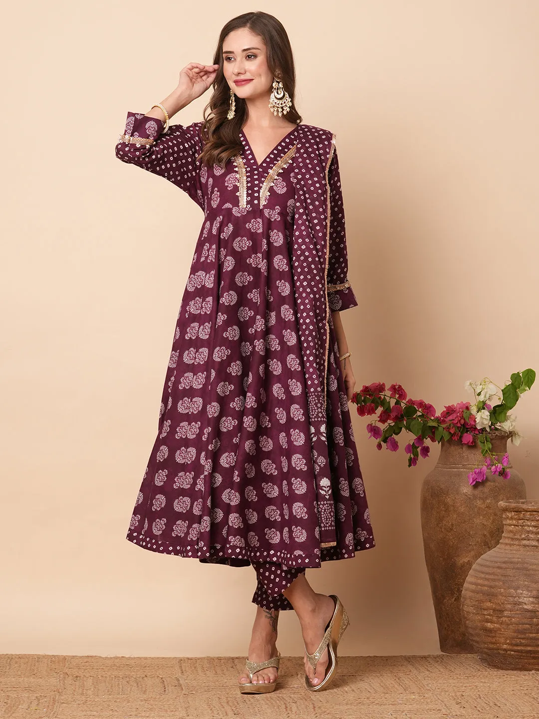 Ethnic Floral Block Printed & Embroidered A-Line Kurta with Pant & Dupatta - Burgundy