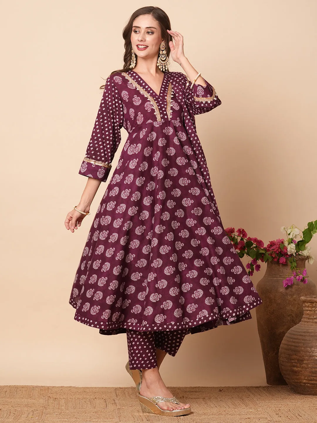 Ethnic Floral Block Printed & Embroidered A-Line Kurta with Pant & Dupatta - Burgundy