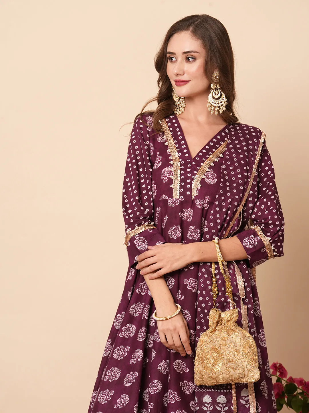 Ethnic Floral Block Printed & Embroidered A-Line Kurta with Pant & Dupatta - Burgundy