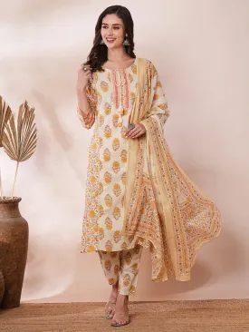 Ethnic Floral Printed Embroidered Straight Fit Kurta with Pant and Dupatta - Cream