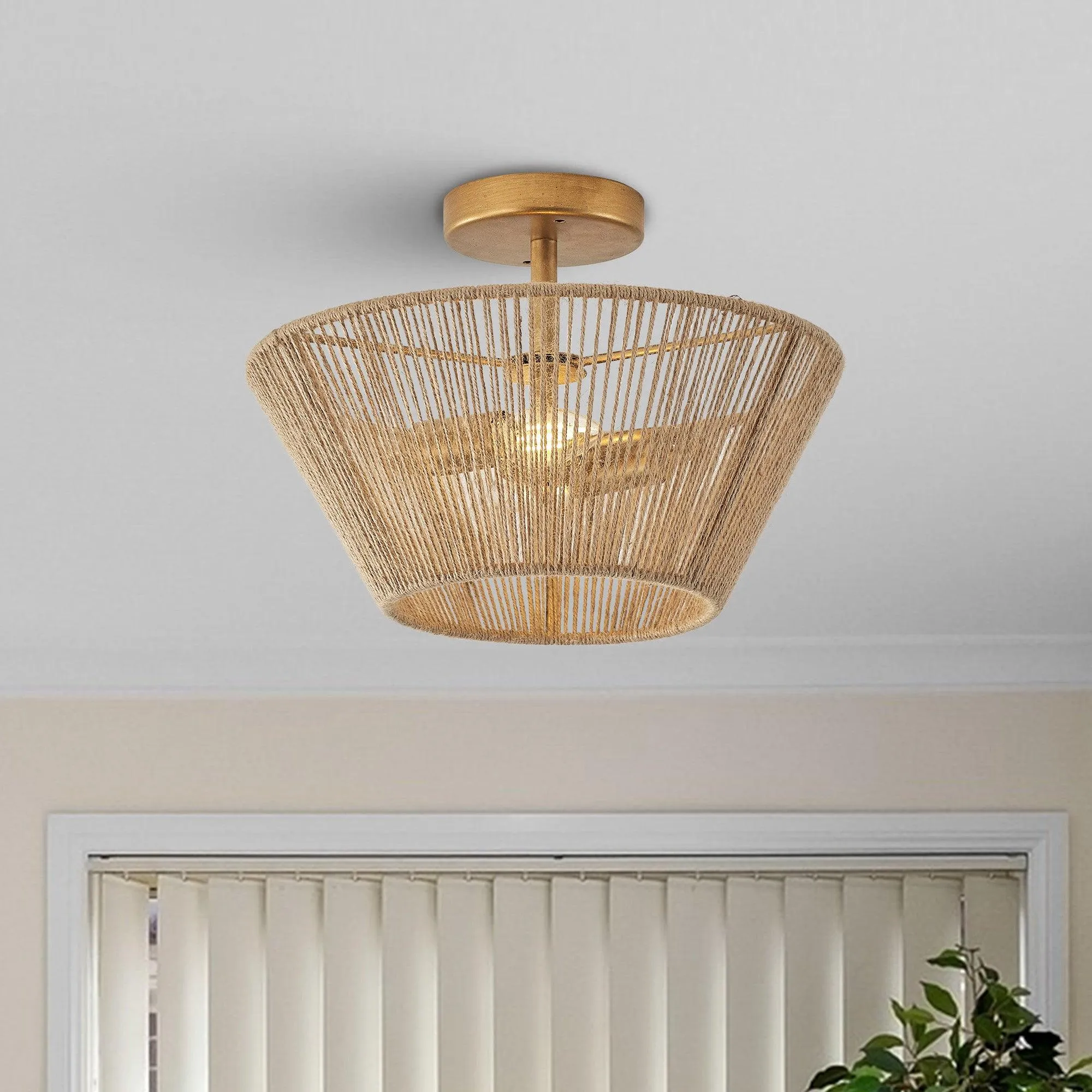 Farmhouse 2-Light Flush Mount Lighting with Rattan Rope