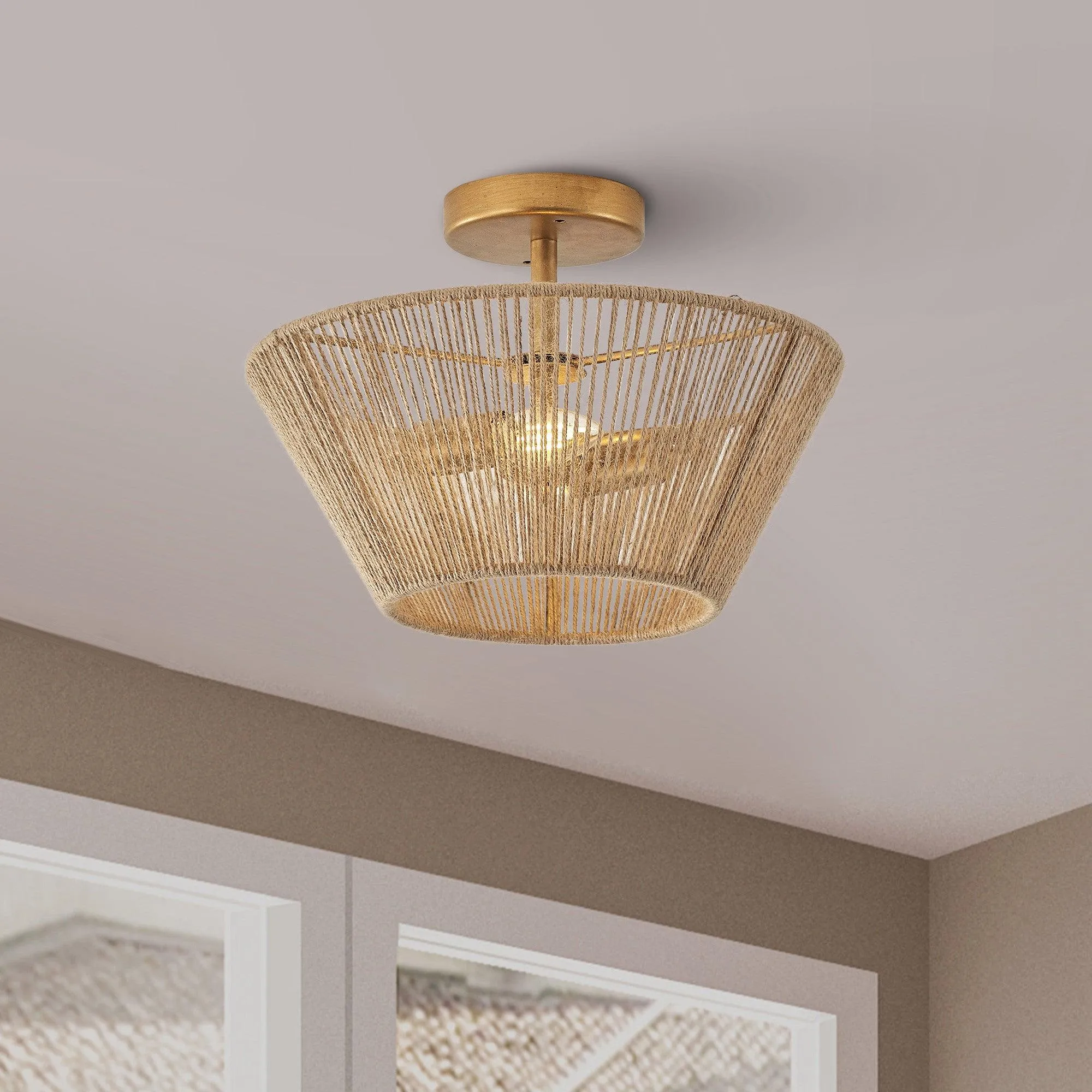 Farmhouse 2-Light Flush Mount Lighting with Rattan Rope