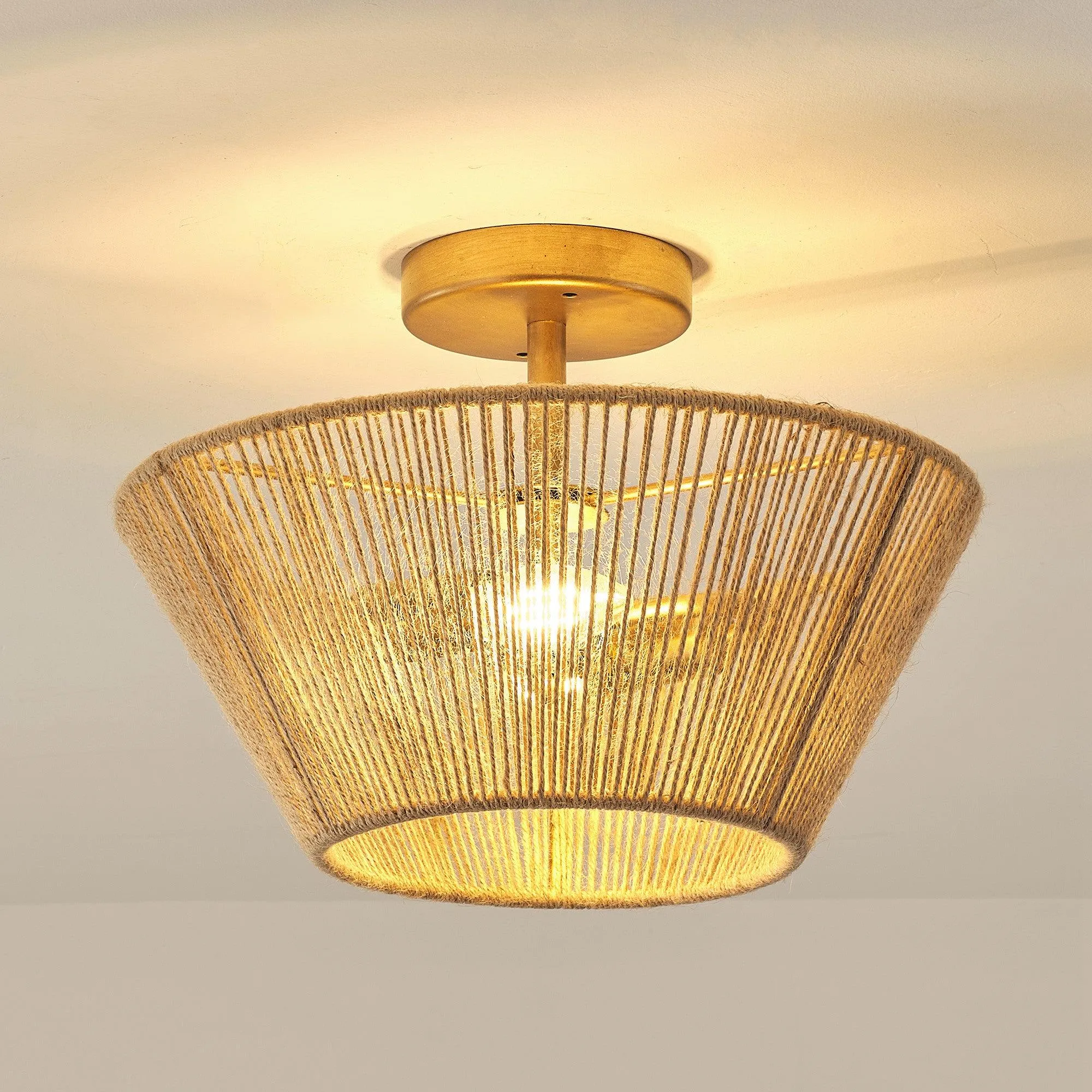 Farmhouse 2-Light Flush Mount Lighting with Rattan Rope