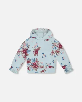 Fleece Hoodie Light Blue Printed Big Flowers