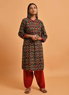 Green Ethnic Printed Kurta with Lace Detailing