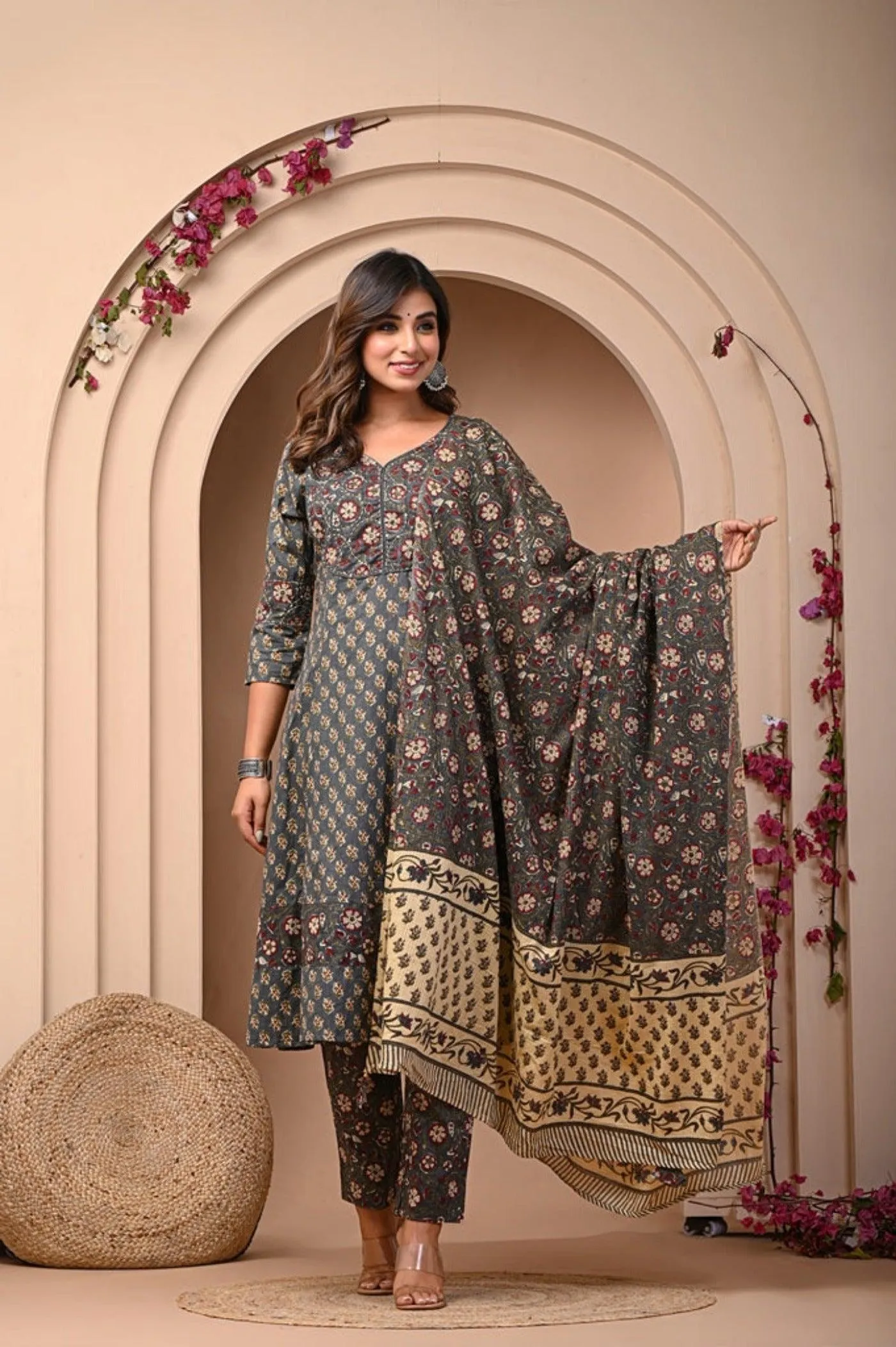 Jaipuri Print Anarkali Kurti Pant and Dupatta Set