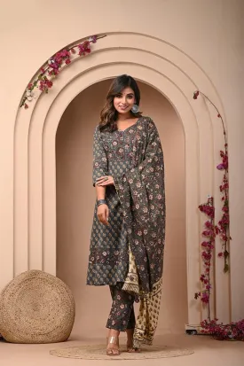 Jaipuri Print Anarkali Kurti Pant and Dupatta Set