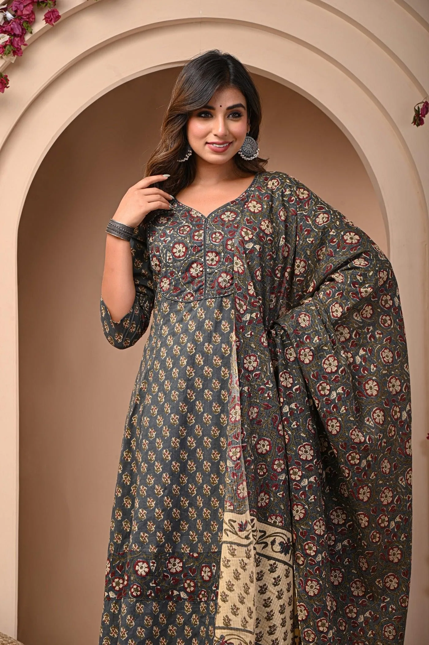 Jaipuri Print Anarkali Kurti Pant and Dupatta Set