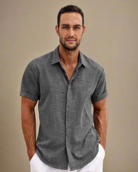 Men Grey Rayon and Linen Short Sleeve Shirt