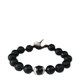 Men's Sterling Silver Large Onyx Bead Bracelet on Cord