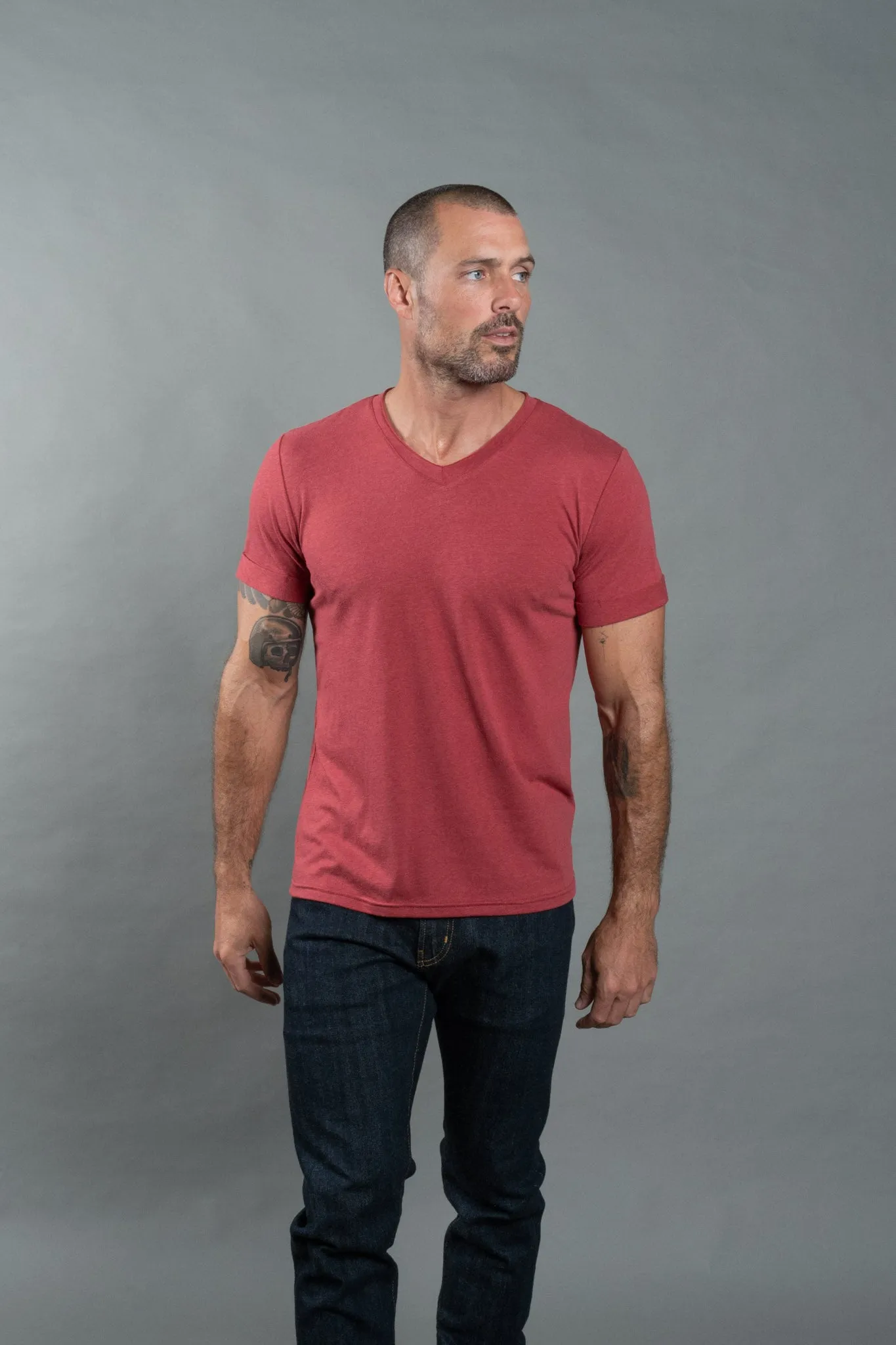 Men's Tri-Blend Stitch Sleeve V-Neck Tee