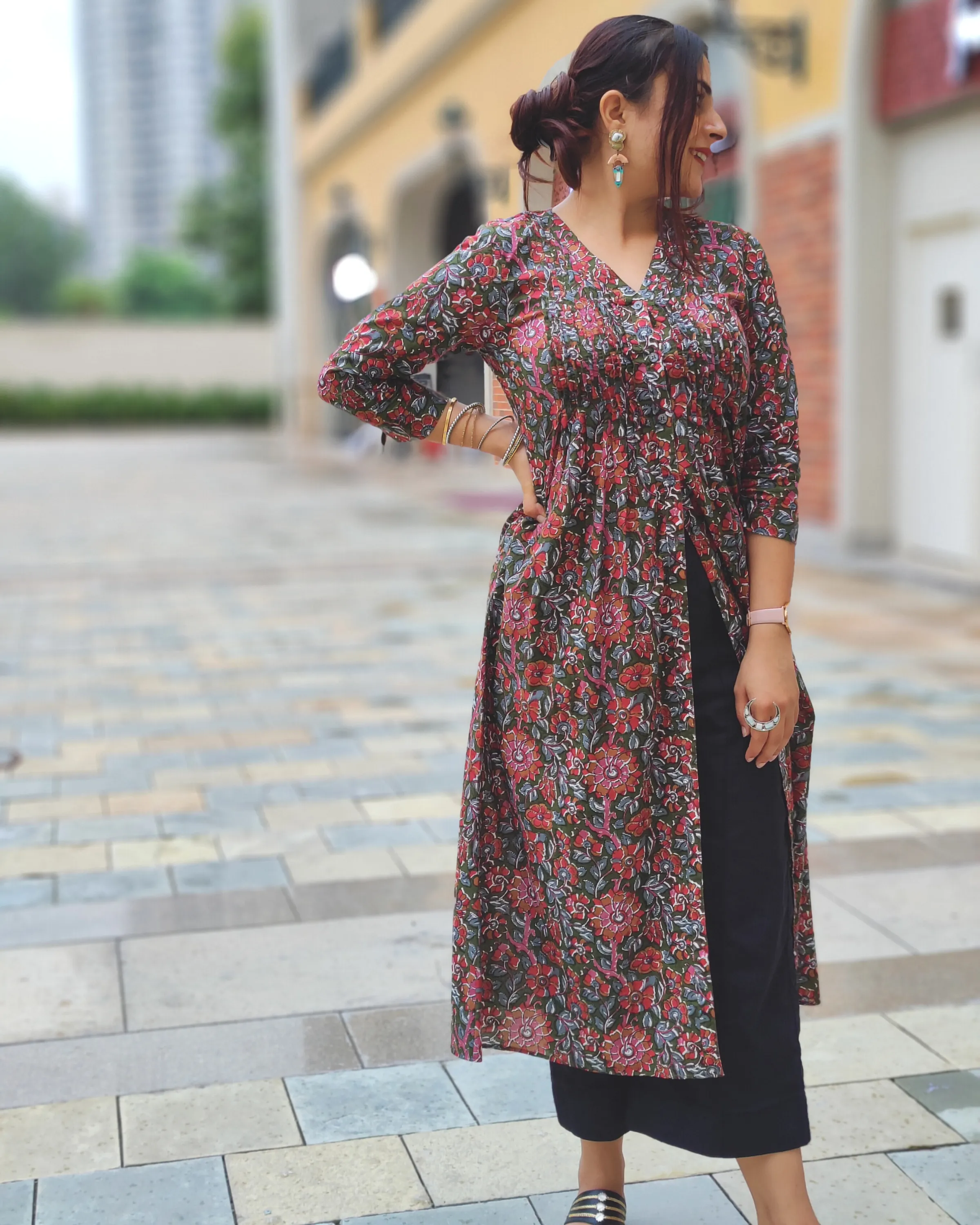 Olive Green Floral Printed Pintuck Kurta