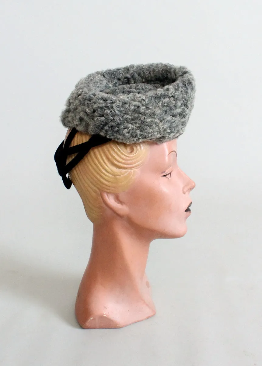 Vintage 1940s Curly Lamb Fur Winter Tilt Hat